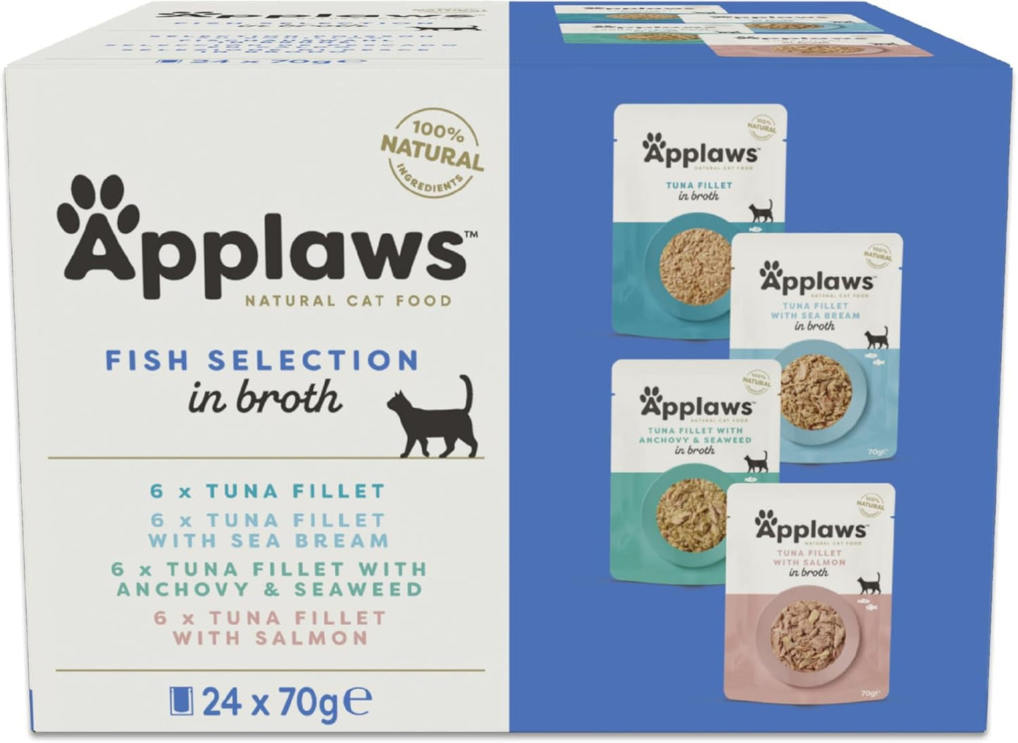 Applaws 100 % naturligt vått kattfoder Fiskvalspåsar i buljong - förpackning med 24 påsar x 70 g