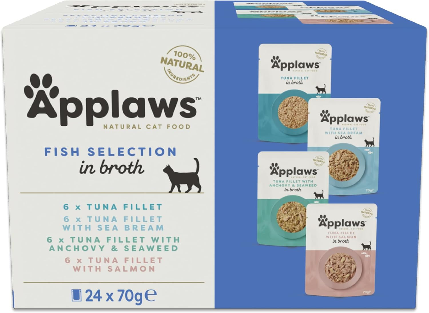 Applaws 100 % naturligt vått kattfoder Fiskvalspåsar i buljong - förpackning med 24 påsar x 70 g