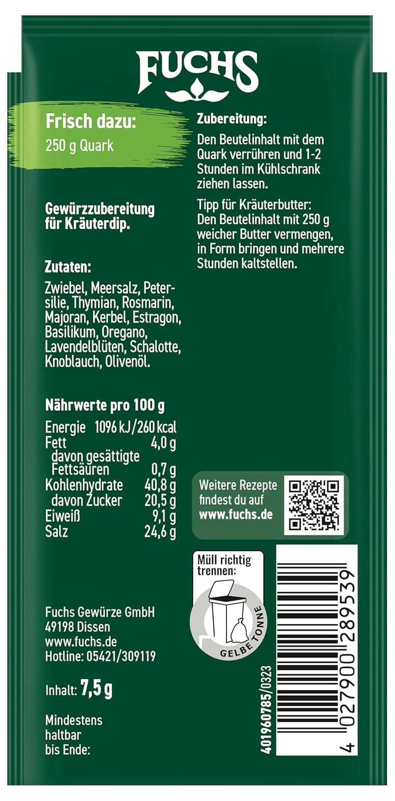 Fuchs Gewürze - Låt oss doppa! Kräuter der Provence Gewürzzubereitung, Gewürz für Kräuterquarkdip, 7,5 g i påsen