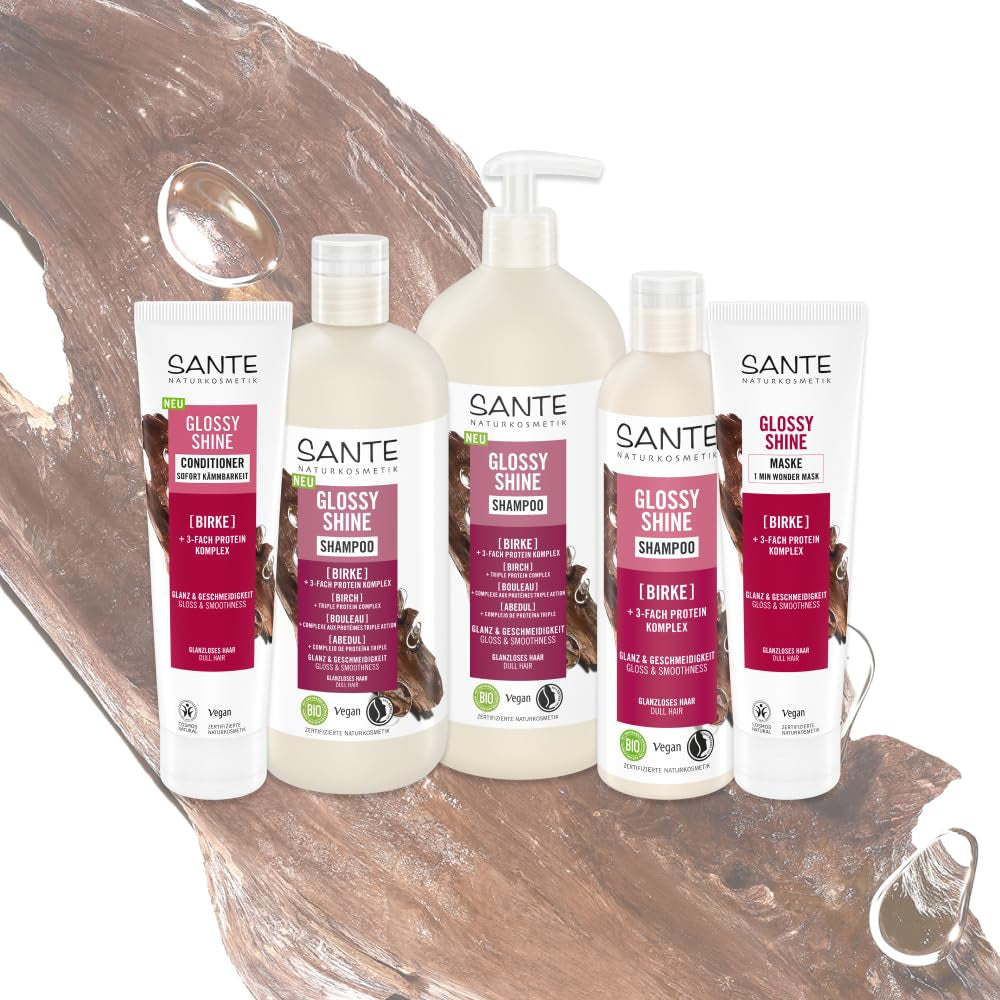 SANTE Naturkosmetik Glossy Shine Mask ekologiskt björklövsextrakt + 3x proteinkomplex, silikonfri och återfuktande hårmask, vegansk hårvård för mer glans och smidighet, 150 ml Naty Shop Hair Mask