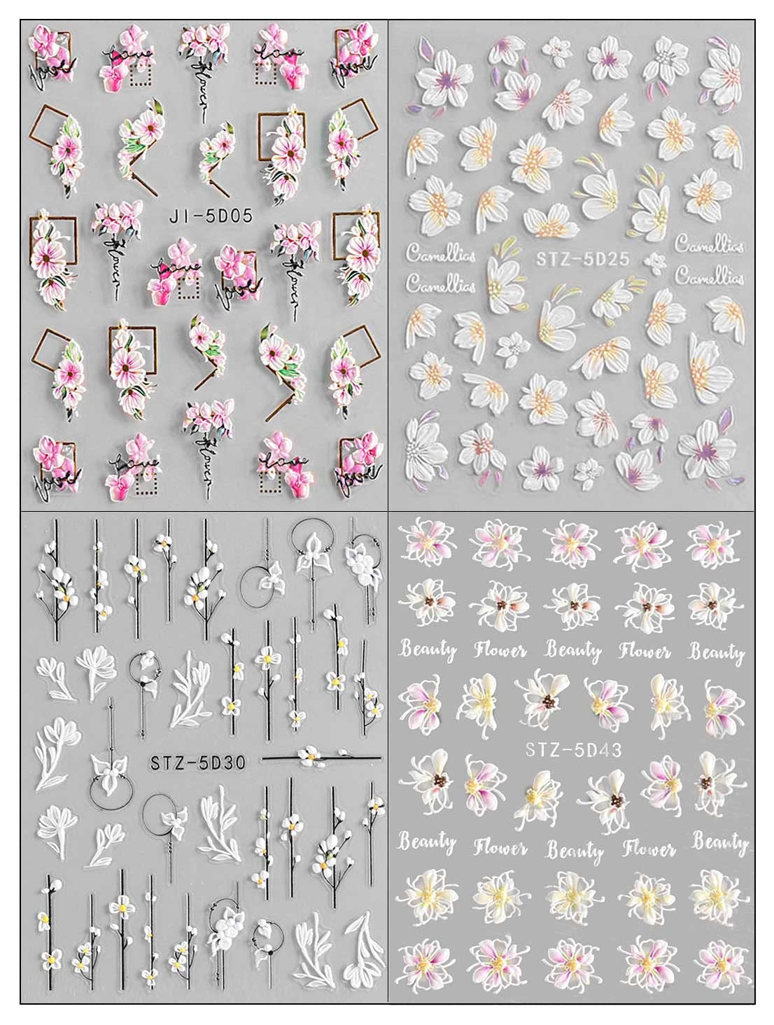 JMEOWIO 3D Nagelsticker Frühling Blume Nail Art Sticker Selbstklebend Nagelaufkleber 5D Stereoskopisk Blumen Dekoration Nageldesign Zubehör 4 Blatt