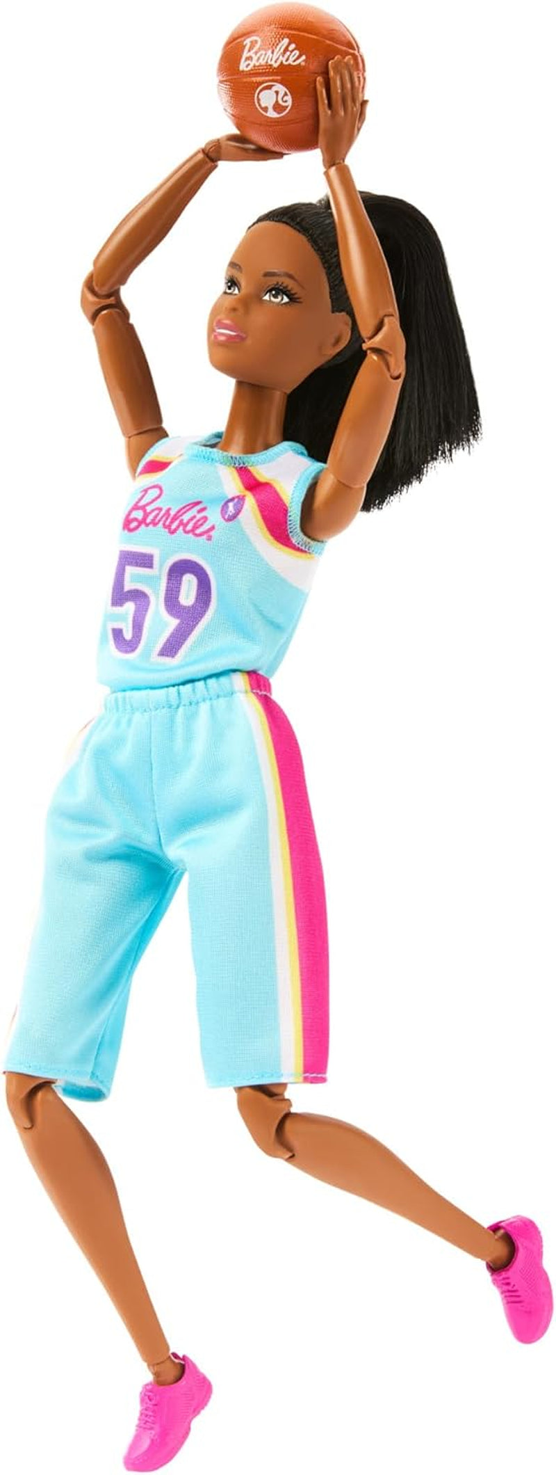 Barbie Made to Move Docka och tillbehör, brunettbasketspelare med avtagbar sportklänning och boll, 22 ledade leder, HKT74