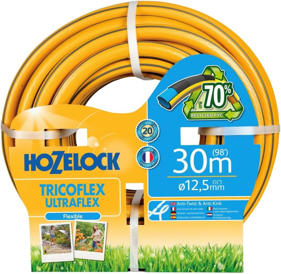 HOZELOCK - Tricoflex Ultraflex slang Ø 12,5 mm (1/2") 20 M: Flexibel trädgårdsslang, väderbeständig, vrid- och böjbeständig, tillverkad av 40 % återvunnen PVC [117002], gul