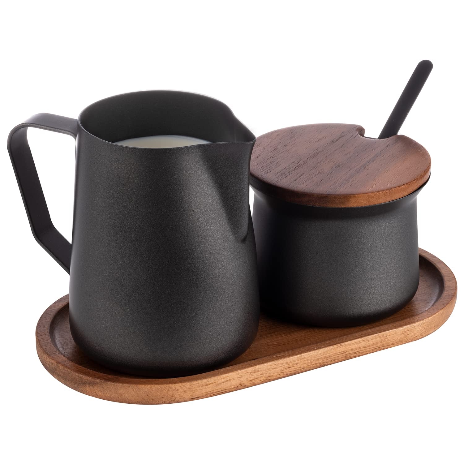 Mjölk- och sockerset APS 634, 5-delat set, akaciaträ, rostfritt stål, non-stick beläggning, svart