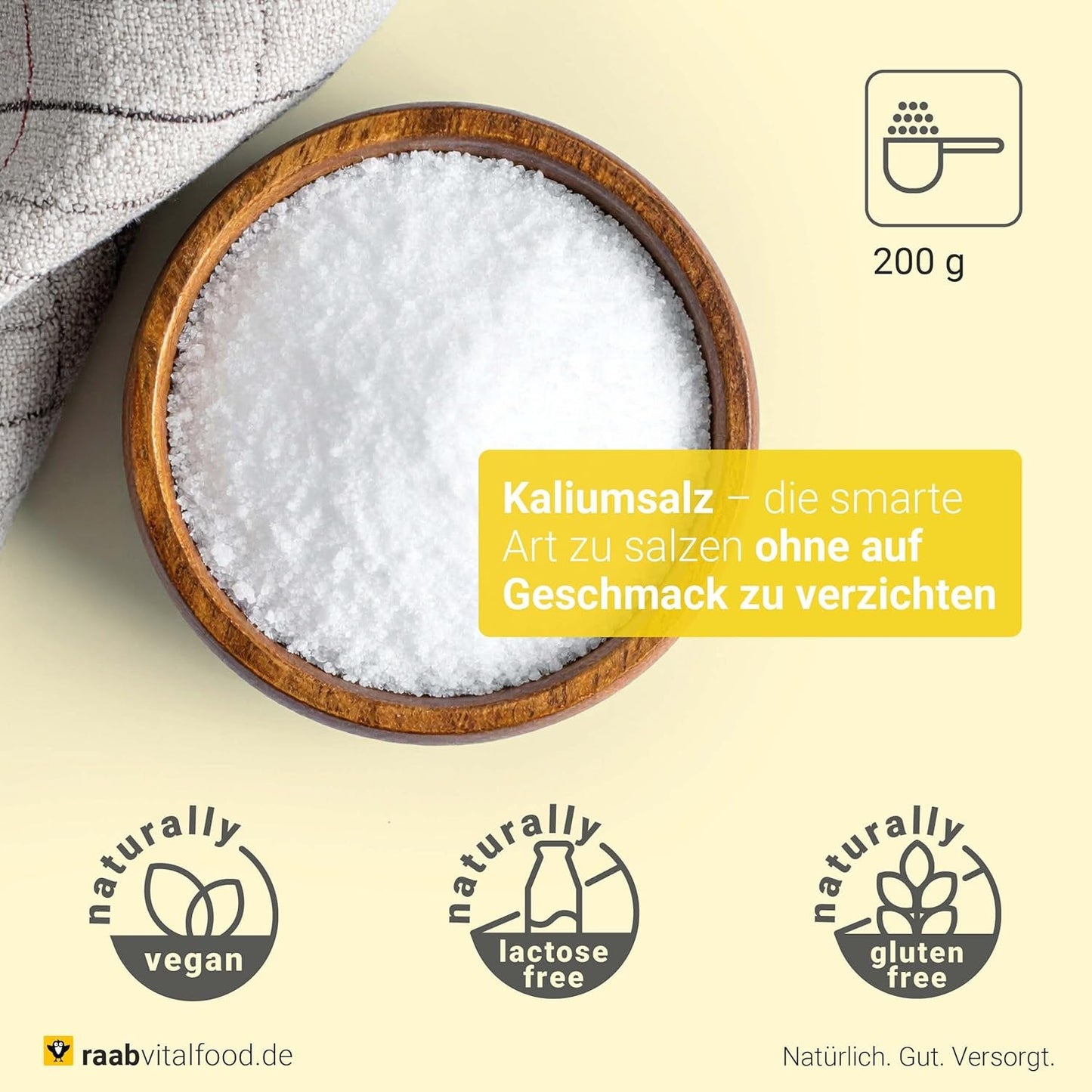 Raab Vitalfood Kalium salt-Mischung, Mineralsalzmischung med 66,7% Natriumchlorid (Kochsalz) och 33% Kaliumchlorid, Kalium trägt zur Aufrechterhaltung eines normalen Blutdruck bei (1 x 200 g Dos)