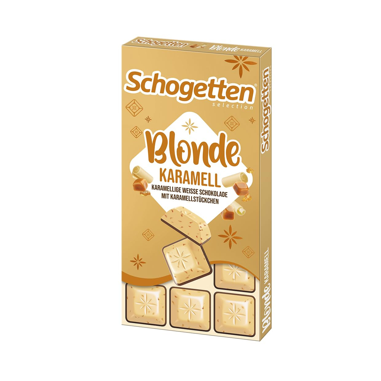 Schogetten Blond Caramel | Karamell med vit choklad och kola bitar | Chokladkaka 100g | Bekvämt portionerad