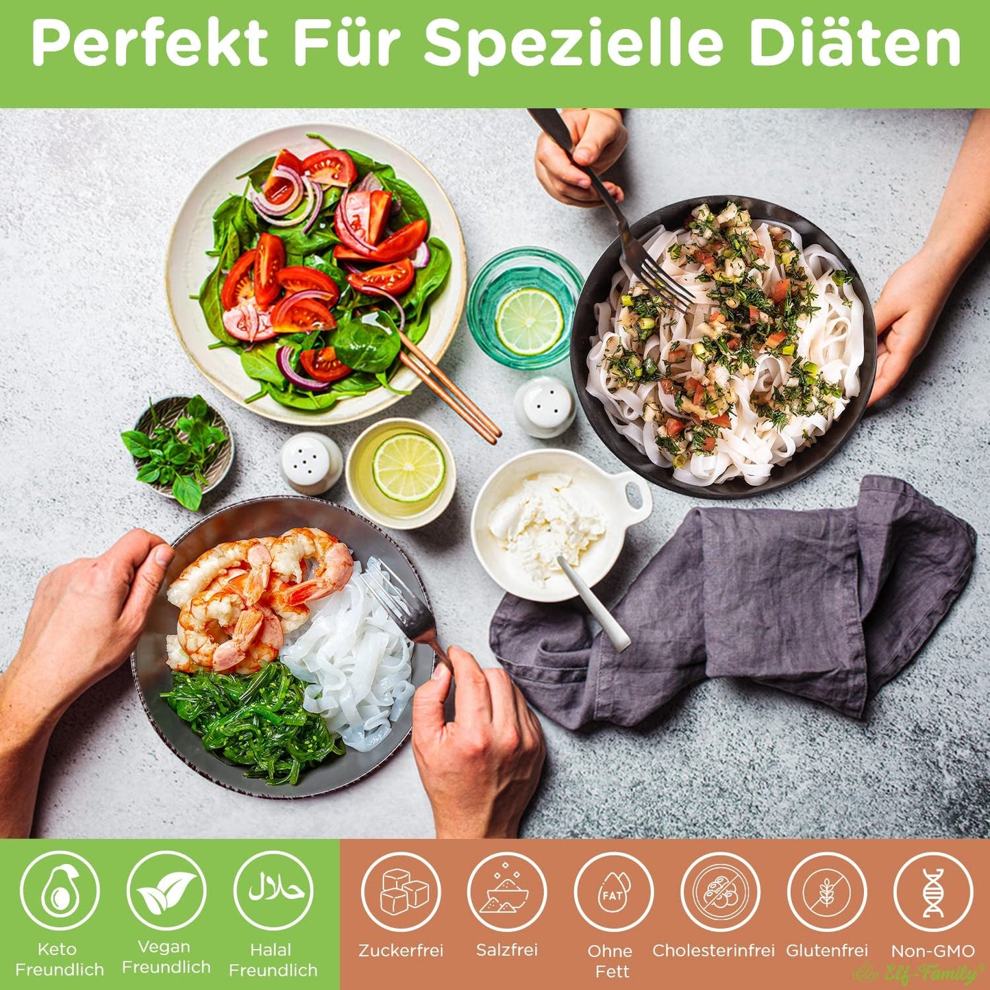 Elf-Family 6 lådor (12 st) Ekologiska konjac ultralågkolhydrat Shirataki nudlar Veganska glutenfria - 1,62 kg, inga kolhydrater/keto/lågkalorier/fettfria/sockerfria snabbnudlar - spagetti och fettuccine