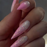 Mouyouglow Långa naglar Stiletto Milky White Gradient Rosa Glitter Coola falska naglar med lim Rosa Ombre Glitter konstgjorda naglar