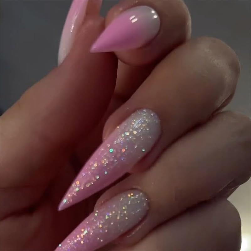 Mouyouglow Långa naglar Stiletto Milky White Gradient Rosa Glitter Coola falska naglar med lim Rosa Ombre Glitter konstgjorda naglar