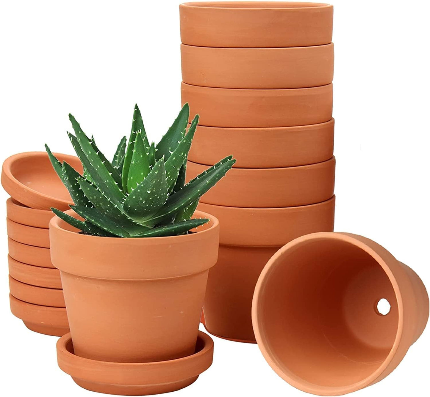 Hollyone 8-delad liten terrakottakruka, 8x8 cm runda lerkrukor med tallrik och dräneringshål, små planteringskärl med bricka, terrakotta-suckulentkrukor för inomhusväxter, keramiska planteringar