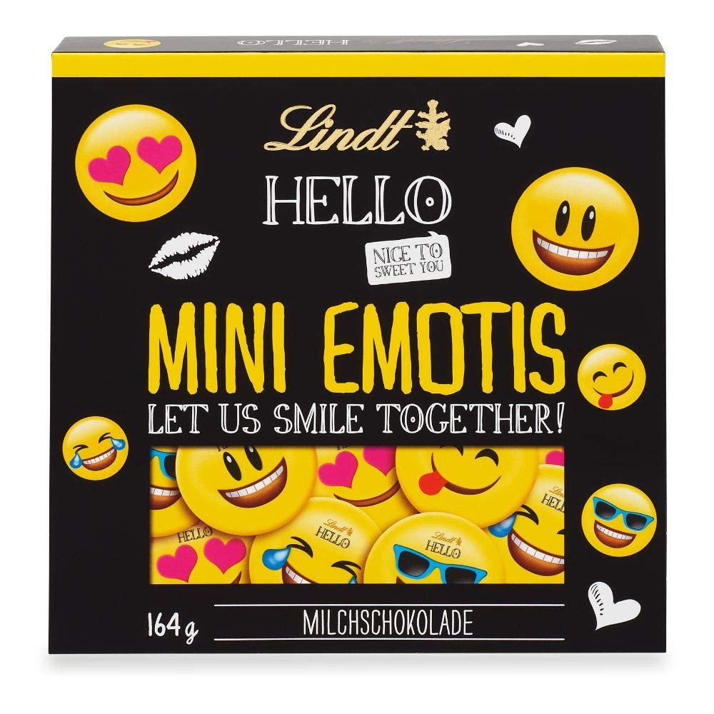 Chokladsortiment (37 LINDOR-kulor, 24 Hello Mini-pinnar, 10 Mini Fioretto), chokladpresent (1 x 815 g) och HELLO Mini Emoti, mjölkchoklad i 5 uttryckssymboler, 164 g