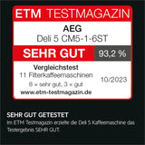 AEG Deli 5 espressomaskin, 1,5 l, programmerbar timer, varmhållningsfunktion, säkerhetsstopp, vattennivåindikator, optimal dosering, antidroppfunktion, rostfritt stål, CM5-1-6ST