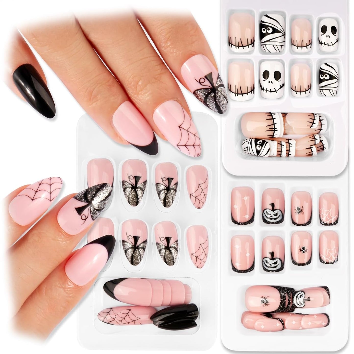72 st Halloween naglar självhäftande falska naglar Korta konstnaglar Självhäftande pressade naglar Pumpkin Ghost konstnaglar tips Nail Art Orange Grön Svart