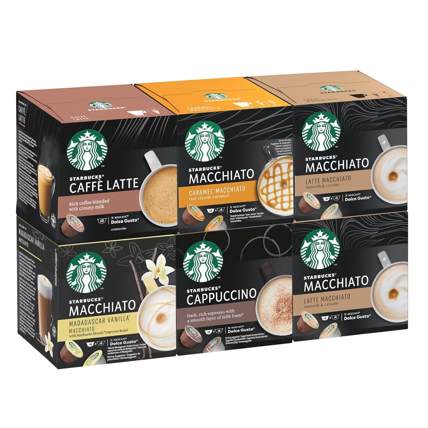 STARBUCKS Probierset, White Cup Variety Pack från Nescafé Dolce Gusto Kaffeekapseln & Vanilla Macchiato från Nescafé Dolce Gusto Kaffeekapseln 6 x 12 (72 Kapseln, 36 Portionen)