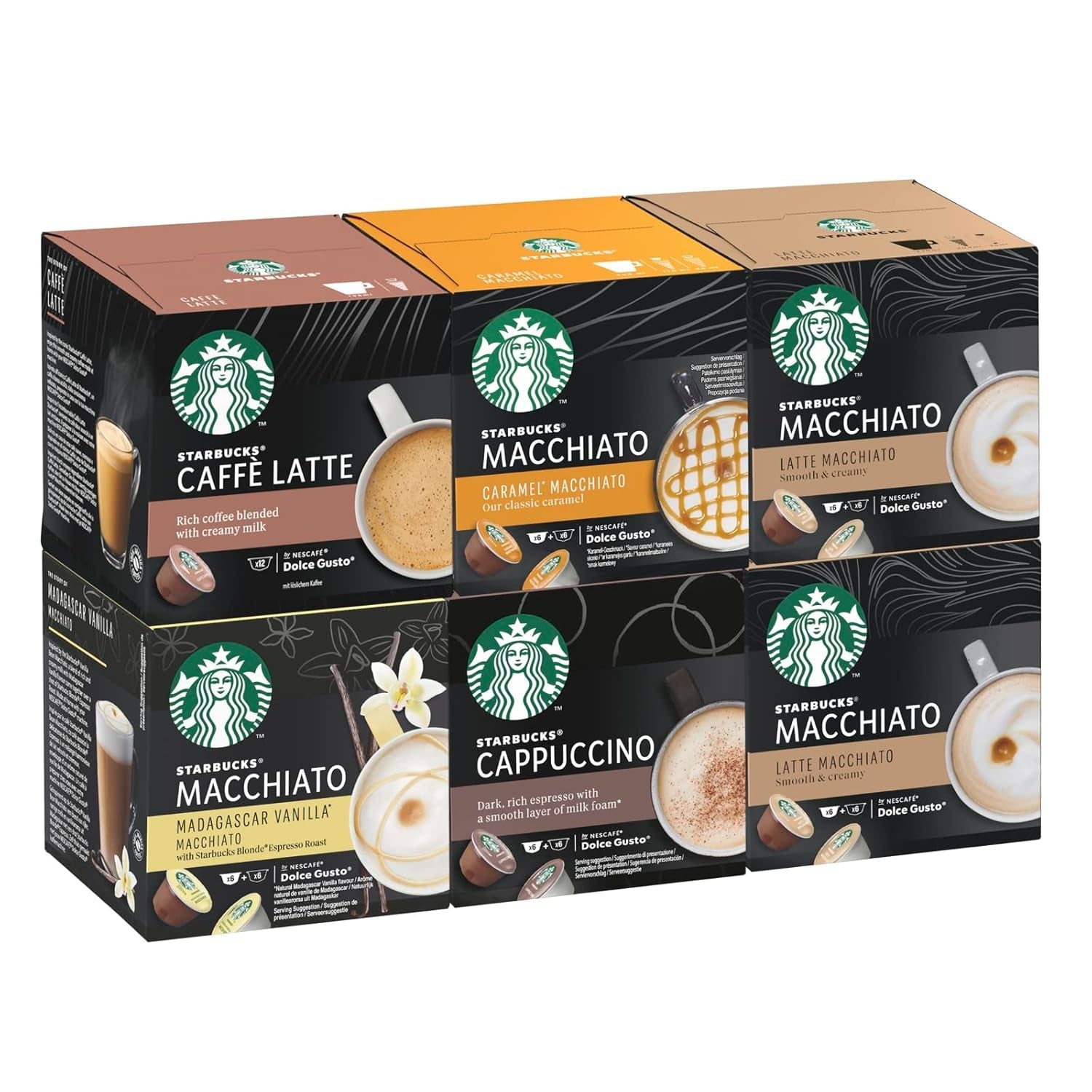 STARBUCKS Probierset, White Cup Variety Pack från Nescafé Dolce Gusto Kaffeekapseln & Vanilla Macchiato från Nescafé Dolce Gusto Kaffeekapseln 6 x 12 (72 Kapseln, 36 Portionen)