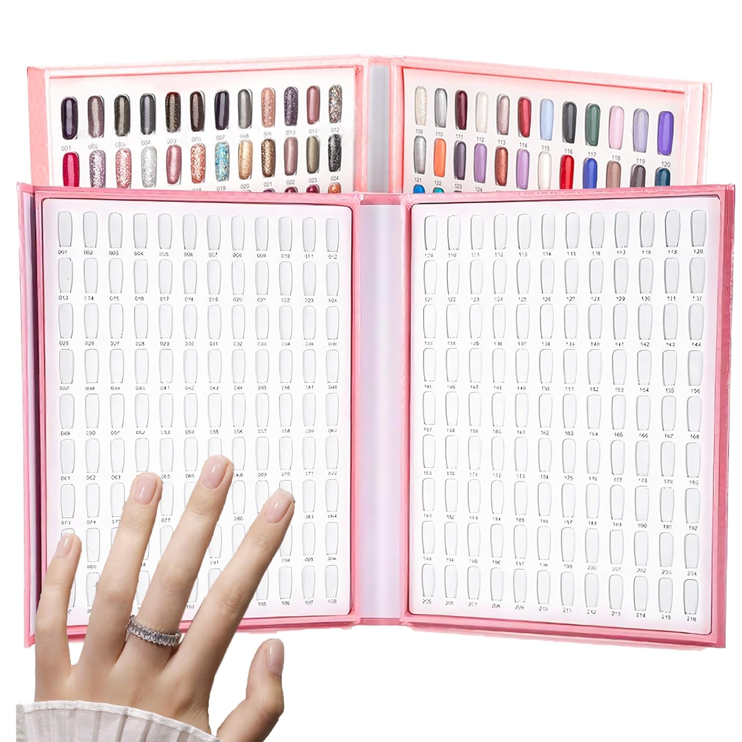 Nagellackspalett med 216 färger, Nagelskyddsställ, Nagellacksfärgade kortplattor, Nagelfärgskarta, Nagellackstillbehör