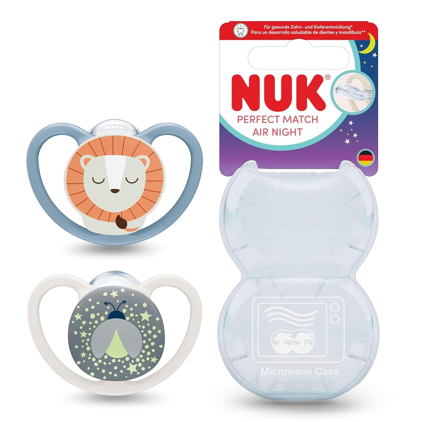 NUK Perfect Match Air Nattnappar för bebisar | 0-6 månader | Glow-in-the-dark nappar som främjar luftcirkulationen och förhindrar dregling | 95 % acceptans av spädbarn** | Lejon | Paket om 2