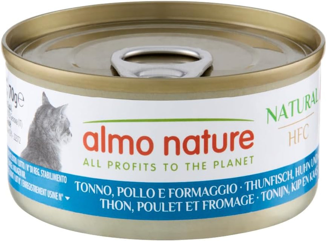 Almo Nature HFC Natural - Våtfoder för vuxna katter - Tonfisk, Kyckling och Ost - Mänsklig kvalitet, Glutenfri - 6 x 70g