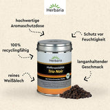Herbaria Trio Noir bio 75g M-Dose – Bio Pfeffer schwarz ganz – ganze Pfefferbeeren – schwarze Pfeffermischung aus biologiska Anbau von drei verschiedenen Regionen - in nachhaltiger Aromaschutz-Dose
