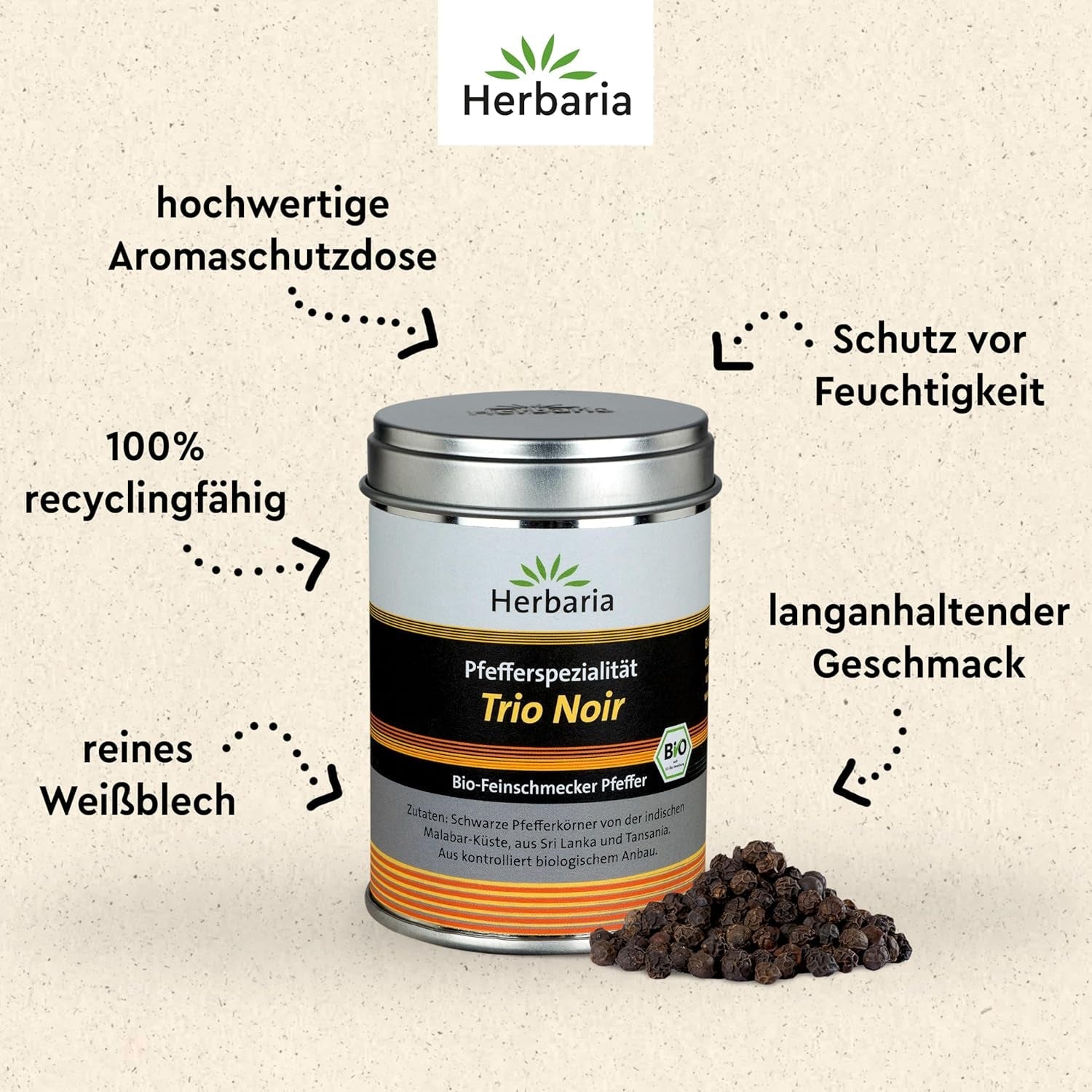 Herbaria Trio Noir bio 75g M-Dose – Bio Pfeffer schwarz ganz – ganze Pfefferbeeren – schwarze Pfeffermischung aus biologiska Anbau von drei verschiedenen Regionen - in nachhaltiger Aromaschutz-Dose