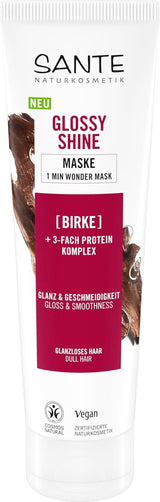 SANTE Naturkosmetik Glossy Shine Mask ekologiskt björklövsextrakt + 3x proteinkomplex, silikonfri och återfuktande hårmask, vegansk hårvård för mer glans och smidighet, 150 ml Hårmask Naty Shop New