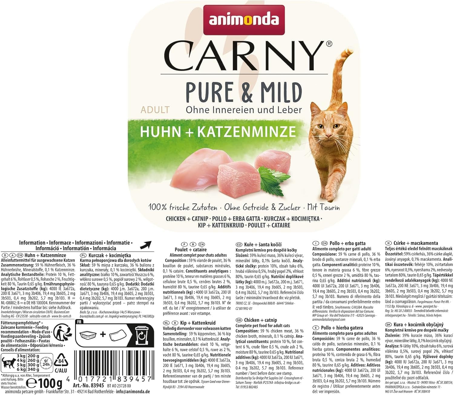 Vuxen Pure & Mild våtfoder med kyckling och kattmynta (32 x 100 g), för känsliga katter, spannmålsfri och sockerfri, lättsmält våtfoder med kyckling