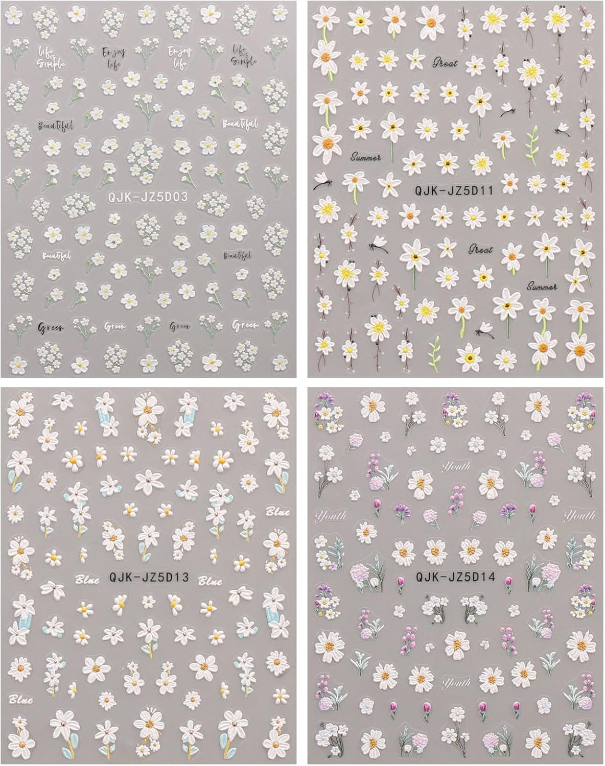 JMEOWIO 3D Nagelsticker Blumen Nail Art Sticker Selbstklebend Nagelaufkleber 5D Stereoskopisk Sommer Frühling Blumen Dekoration Nageldesign Zubehör 4 Blatt