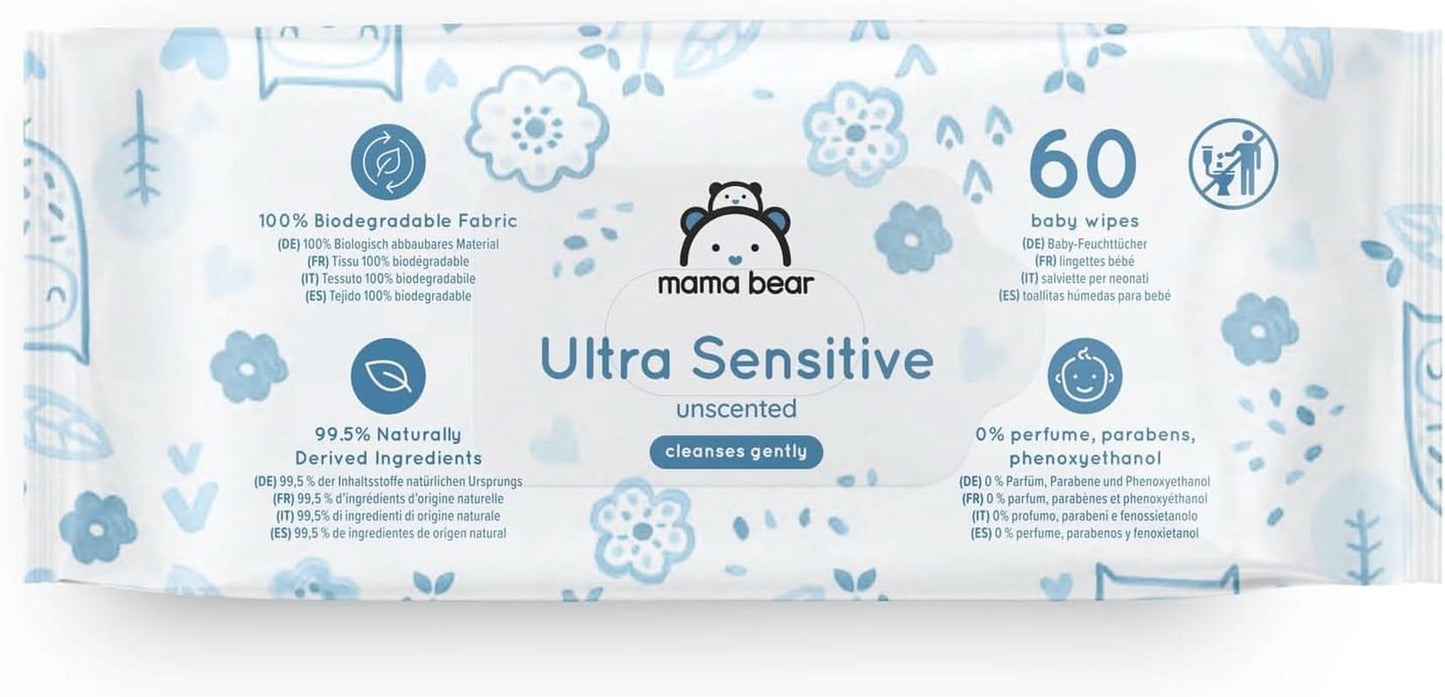 Mama Bear Ultra Sensitive Baby Wipes Doftfri 1008 Antal (18 förpackningar om 60) Naty Shop
