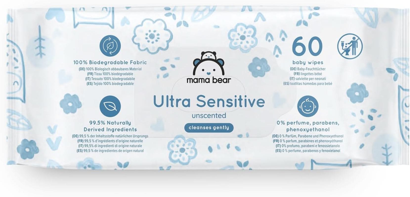 Mama Bear Ultra Sensitive Baby Wipes Doftfri 1008 Antal (18 förpackningar om 60) Naty Shop