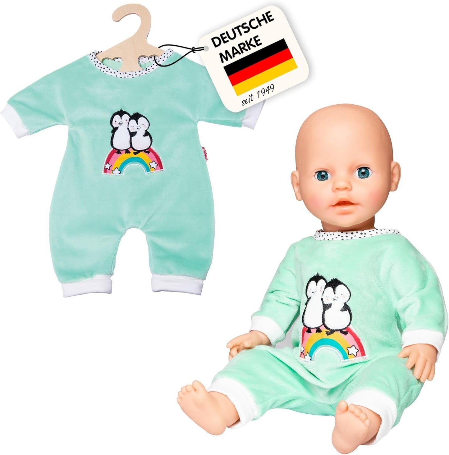Heless 1181 - Polka Dot Penguin Design Doll Jumpsuit gjord av mjuk velour med högkvalitativ broderi, storlek 28-35 cm