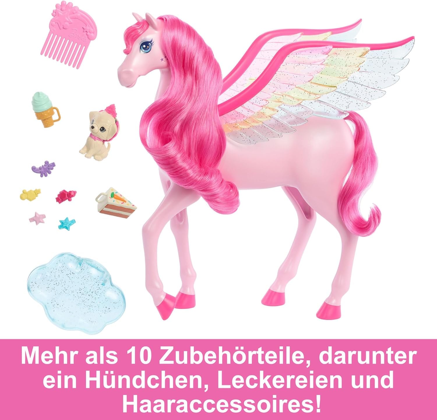 Barbie Pegasus Magic Hide and Seek - Interaktiv leksak med ljus och ljud, 10 tillbehör, Rainbow Wings, för åldrarna 3 och uppåt, HLC41