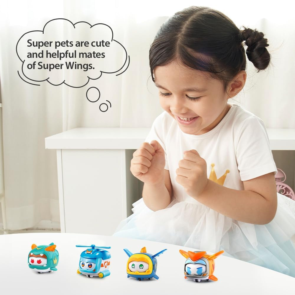 Super Wings Super Pets 4 ST Shine, Golden Boy, Jerome, Ellie Switchable Ansiktsuttryck Blixteffekt Bärbar leksak för 3 4 5 6 7 8 Years Old Boy Girl 2 Inch Actionfigurer Naty Shop