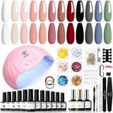 Modelones 35st Gel Nagellack Set, UV Nagellack Set med 48W lampa, Naken Brun Vit Rosa Gel Nagellack Set, UV Gel Nagellack Set med Top Coat Base Nagelstudio Set