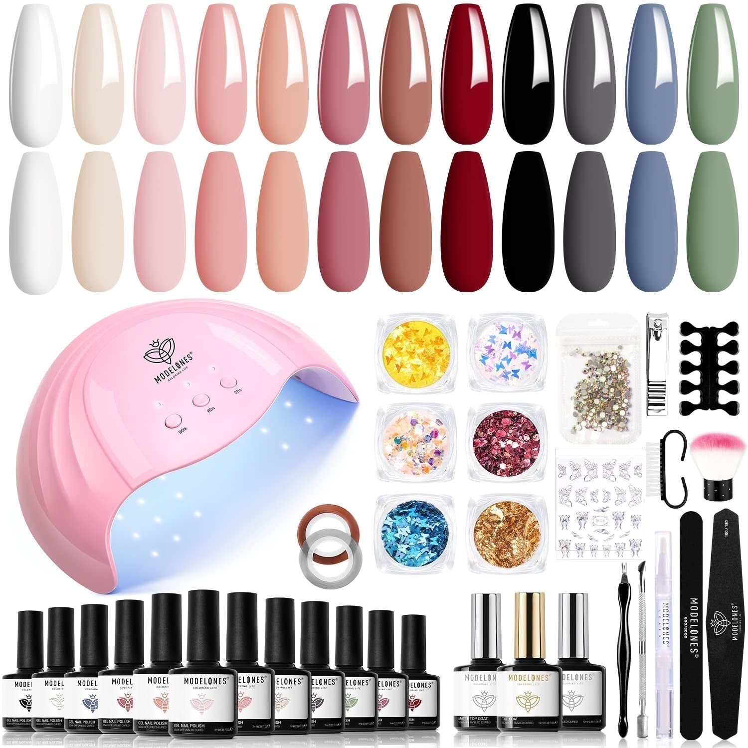 Modelones 35st Gel Nagellack Set, UV Nagellack Set med 48W lampa, Naken Brun Vit Rosa Gel Nagellack Set, UV Gel Nagellack Set med Top Coat Base Nagelstudio Set