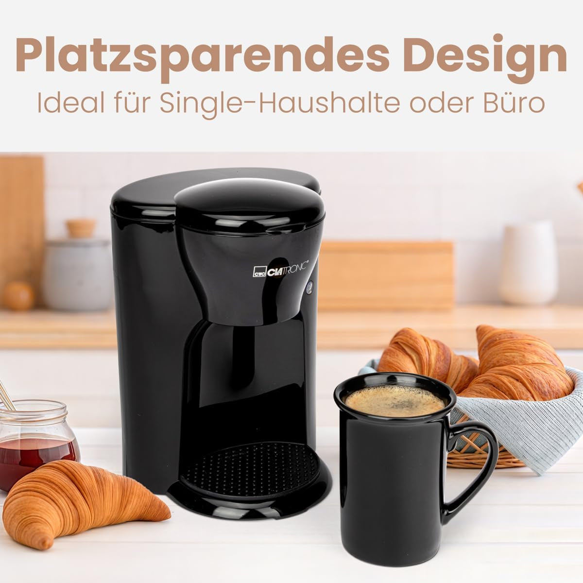 Clatronic® 1-kopps kaffebryggare | Perfekt espressomaskin för ensamstående | Espressomaskin med filter, inklusive keramisk kopp | Liten espressomaskin med filter, perfekt för resor | KA 3356
