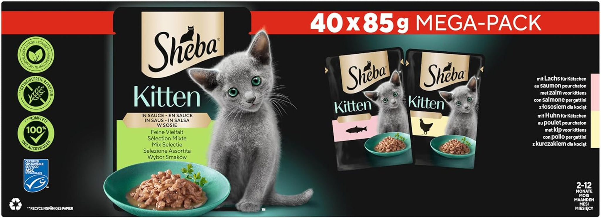 Sheba våtfoder för kattungar, i olika påsar, med lax (MSC) och kyckling i sås, multipack 40x85g