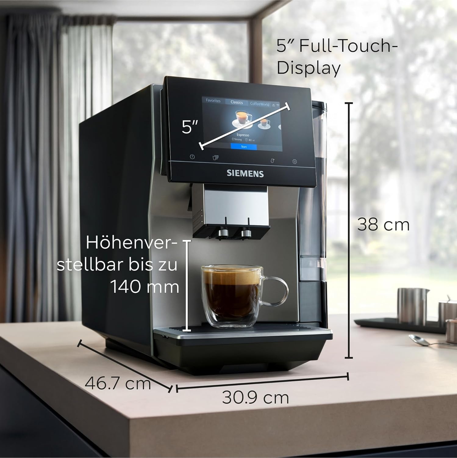 Automatisk espressomaskin Siemens EQ700 classic TP715D01, appkontroll, kallbryggning, intuitiv pekskärm, upp till 10 individuella kaffekreationer som favoriter, automatisk ångrengöring, 1500 W, silvergrå