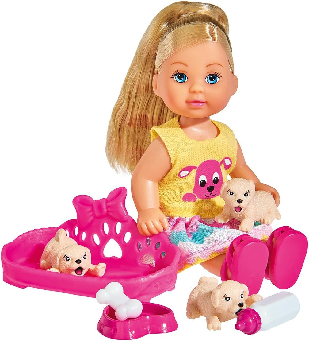 Simba 105733041 - Evi Love Puppy Love med TRE valpar, med hundhus och tillbehör, modedocka, 12 cm, för barn från 3 år och uppåt