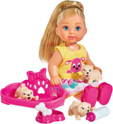 Simba 105733041 - Evi Love Puppy Love med TRE valpar, med hundhus och tillbehör, modedocka, 12 cm, för barn från 3 år och uppåt