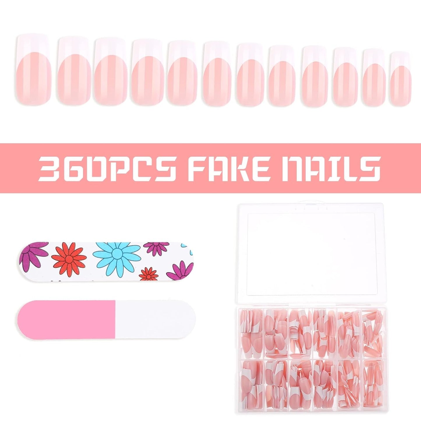 360 st självhäftande nageltips för konstgjorda naglar med förvaringslåda och nagelfil (rektangulär)