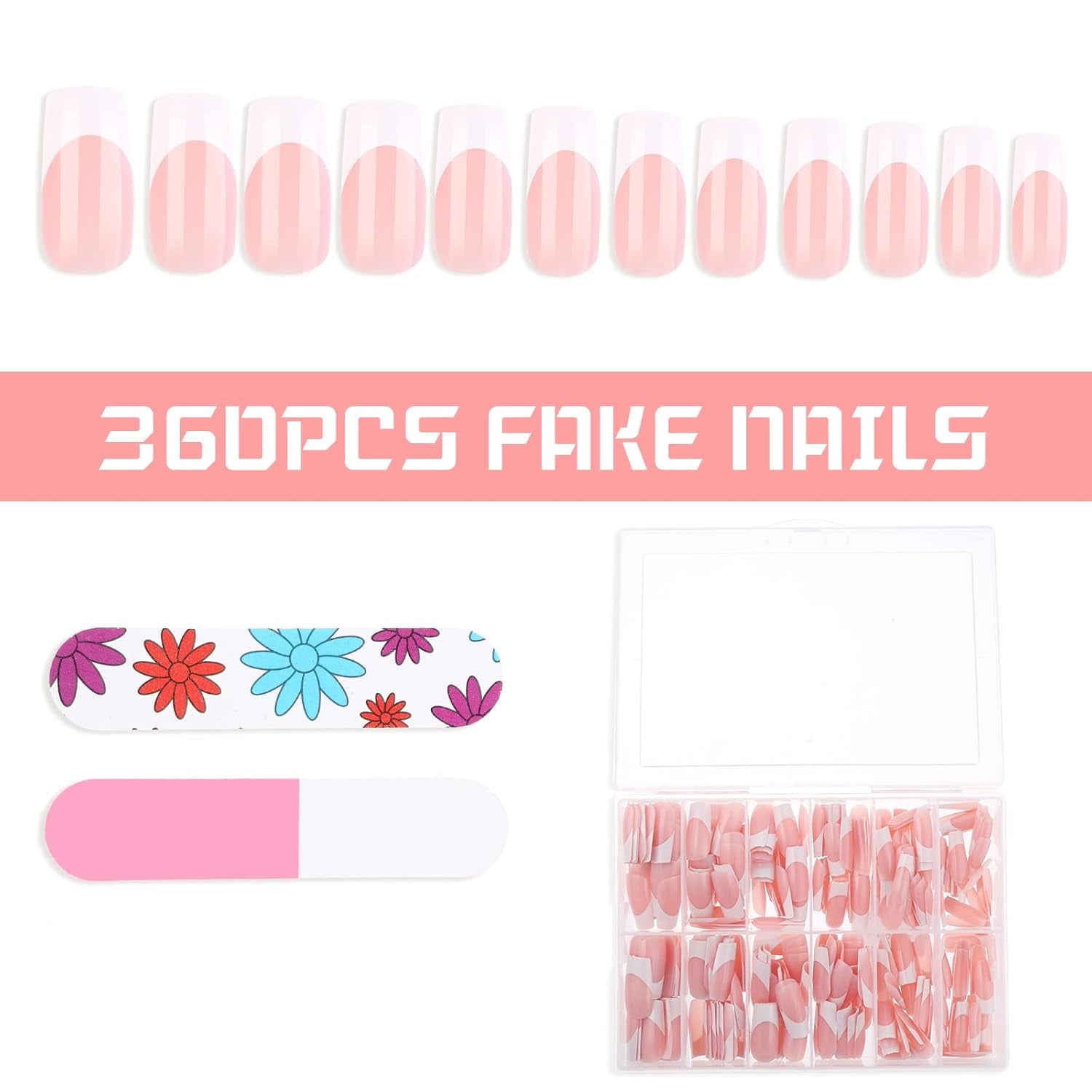 360 st självhäftande nageltips för konstgjorda naglar med förvaringslåda och nagelfil (rektangulär)
