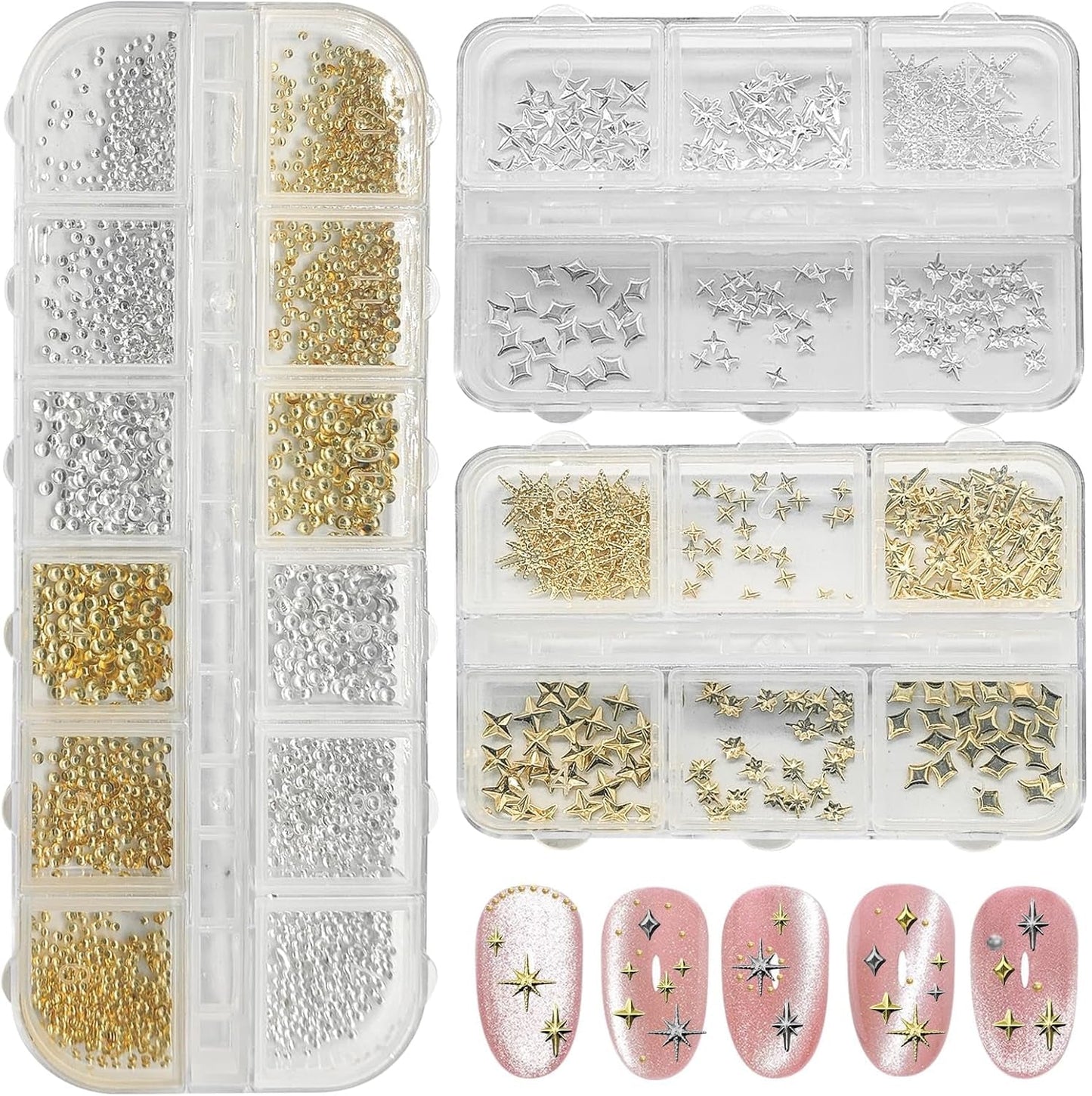 3400 Stück Goldene Und Silberne Sternperlen, Goldene Nagelanhänger, Zubehör Für Nagelschmuck, Schöne Sternnagelanhänger Für Nägel,Nagelkonst Rhinestones