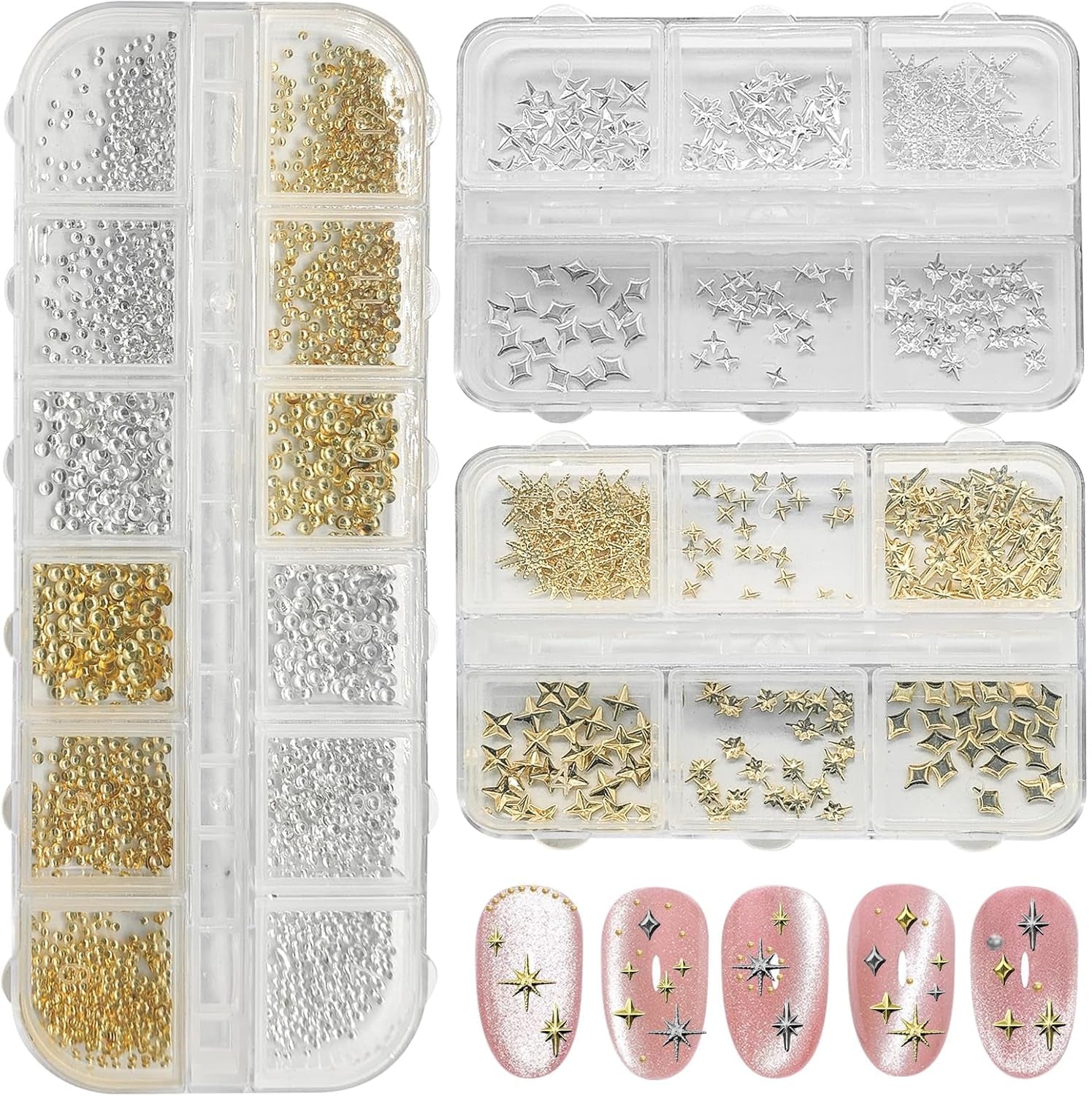 3400 Stück Goldene Und Silberne Sternperlen, Goldene Nagelanhänger, Zubehör Für Nagelschmuck, Schöne Sternnagelanhänger Für Nägel,Nagelkonst Rhinestones