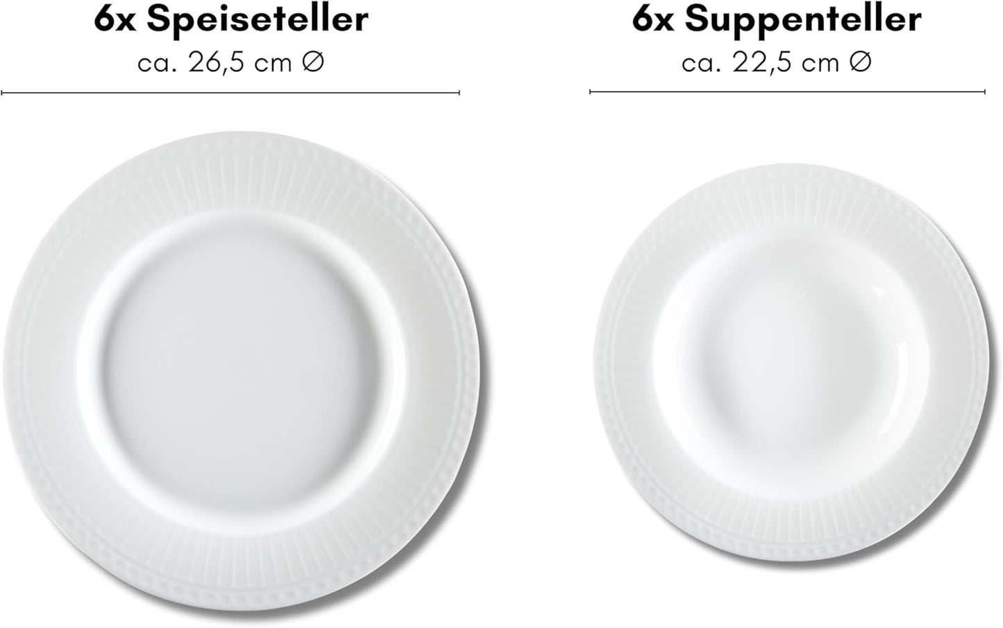 Ritzenhoff & Breker Sofia Tafelservice 12-teilig, Speiseteller (26 cm) och Suppenteller (22 cm) för 6 personer, Tafel-Set mit feinem Rillenrelief, Fine-Dining-Geschirr, Porzellan, Weiß