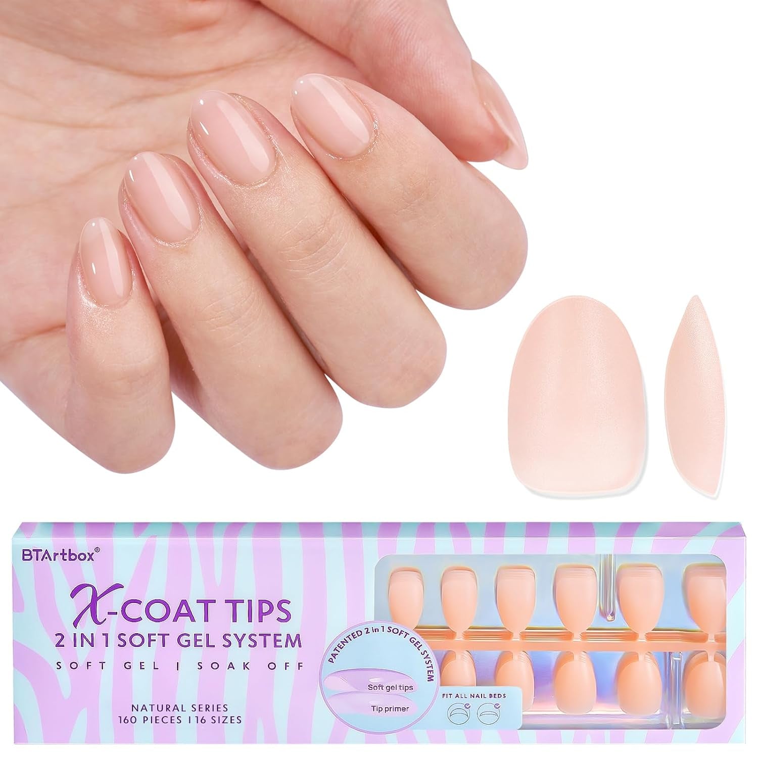 Btartbox Extra Korta Soft Gel Nails Heltäckande Mandel Korta Nagelspetsar 160 st Fördesignade XCOATTIPS konstgjorda naglar Mandel Korta nageltips för nagelförlängning