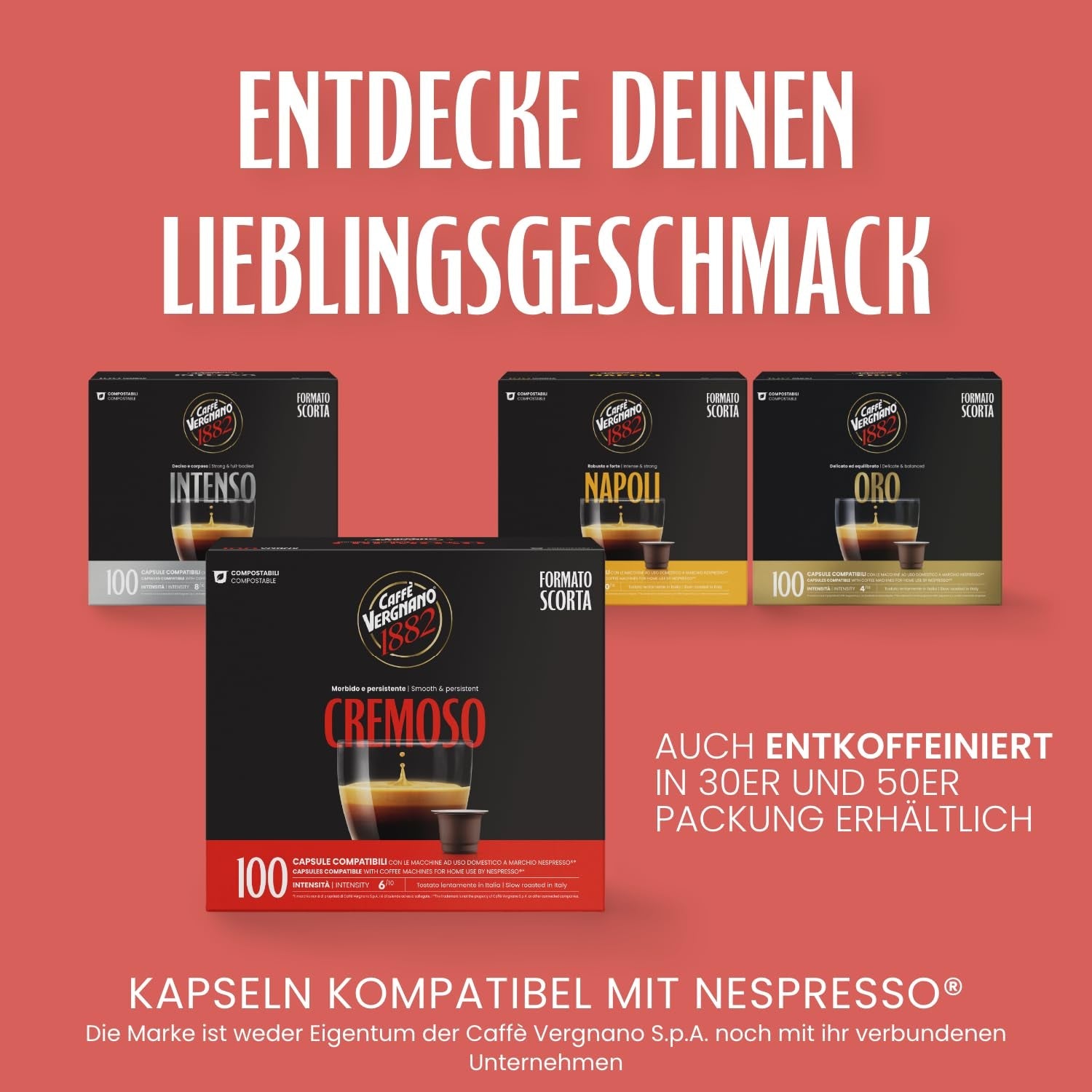Caffè Vergnano 1882 - Èspresso komposterbar Kaffeekapseln, kompatibel med Nespresso, Cremoso (Creamy) - Packung Enthält 100 Kapseln