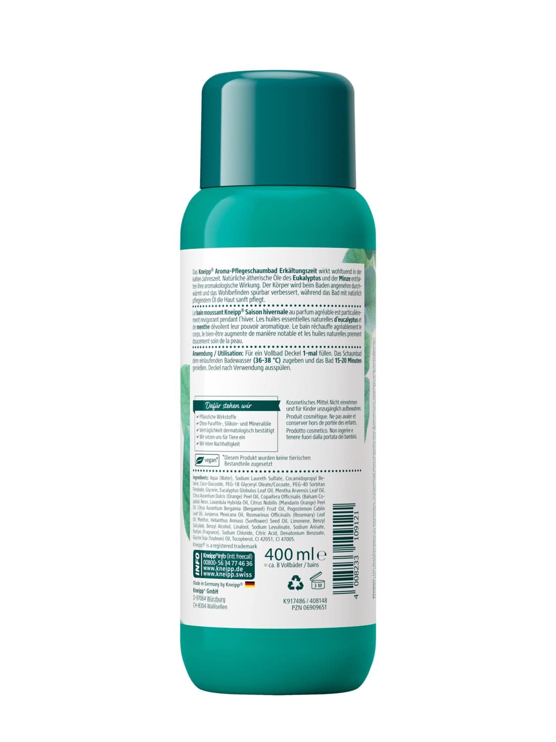 Kneipp Aroma Foam Bath Cold Season, badtillsats med naturliga eteriska oljor av eukalyptus och mynta, 400 ml dusch och bad Naty Shop