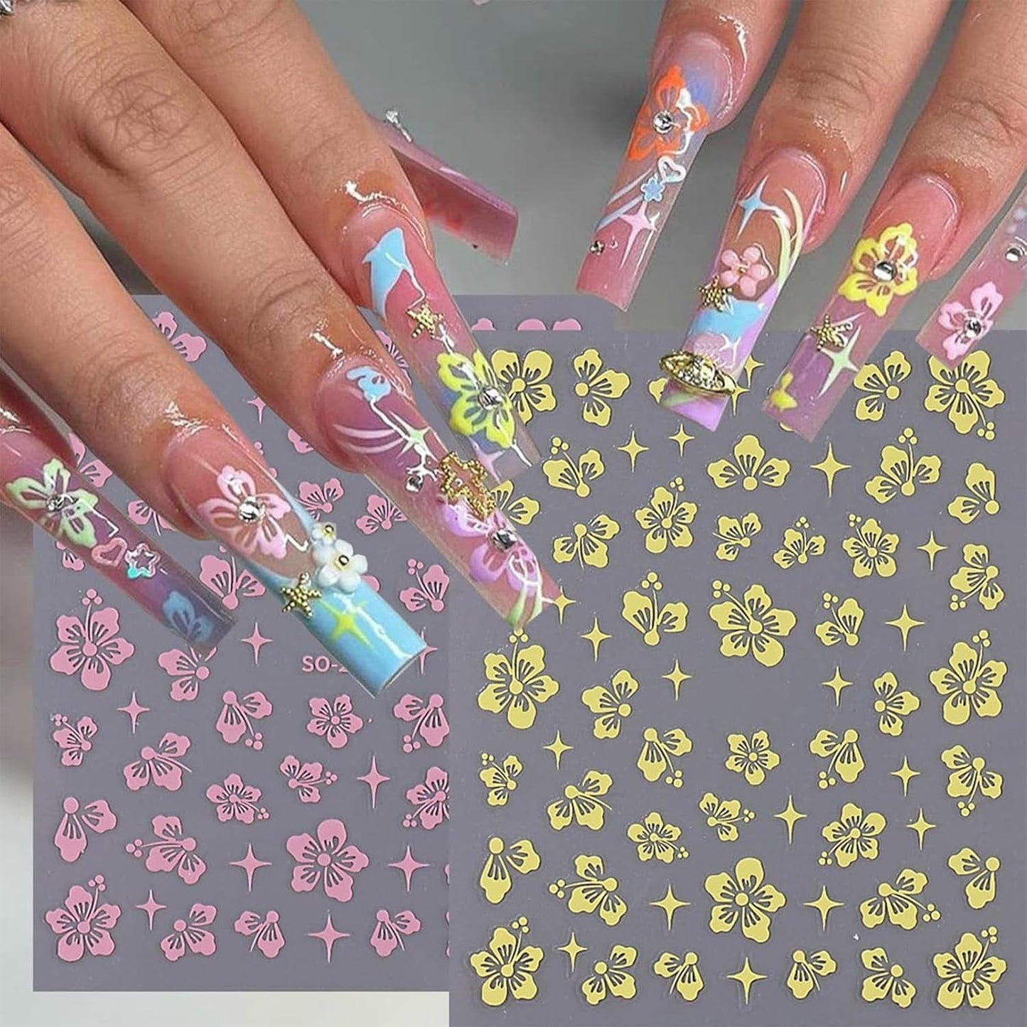 8 Stück Hibiskus Nagelsticker, 3D Selbstklebende Blumen Nagelaufkleber, Weiß Rosa Gelb Magenta Sommer Neonagelklistermärke, Nagelkonst Zubehör Nagel Deko Für Frauen