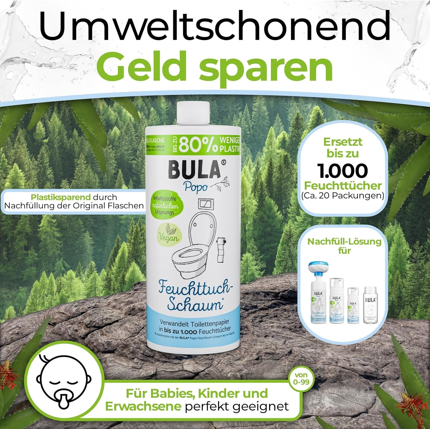 BULA® Popo Refill-flaska (750 ml) BARA FÖR ATT FYLLA PÅ våra 150 ml och 50 ml flaskor! | Ersätter upp till 1 000 våtservetter! | Med ingredienser av naturligt ursprung