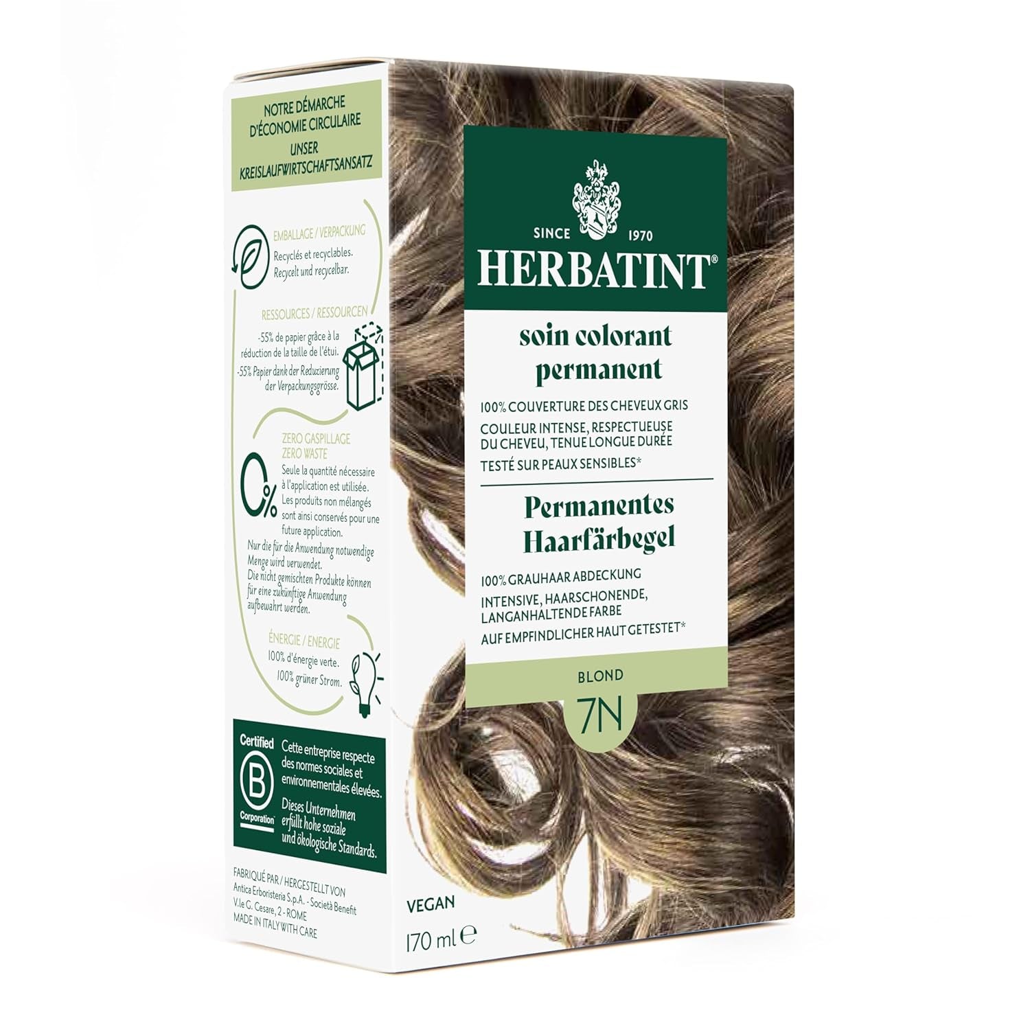 Permanent hårfärgningsgel 6N mörkblond - 170 ml I Ammoniakfri, 100% täckning av grått hår I Testad på känslig hud, med 8 växtextrakt Hårfärgningsmedel Naty Shop 7N Blonde
